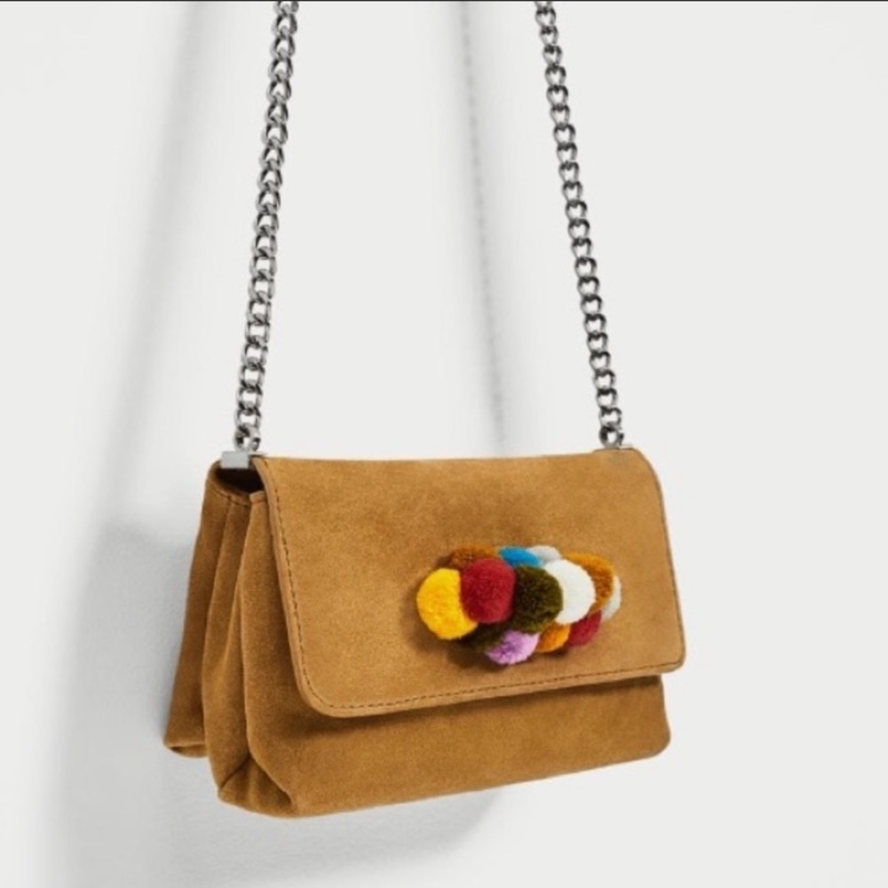 ZARA CAMEL POM POM SUEDE CROSSBODY BAG W/ FLAP